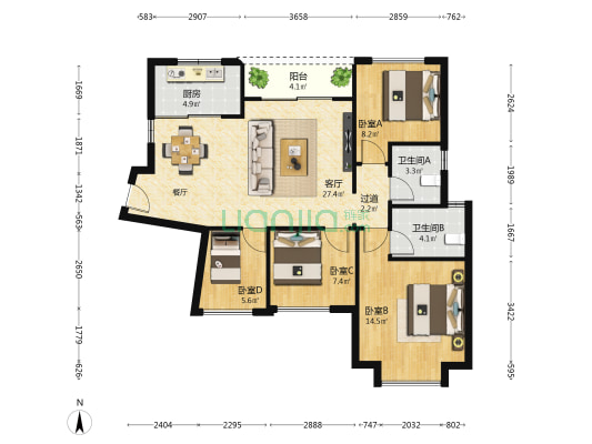 龙光普罗旺斯拉菲 4室1厅2卫 93平方