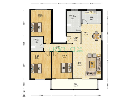 虹桥北村东区 3室2厅2卫 157平方