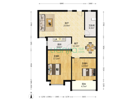 名仕尚座 2室2厅1卫 106平方
