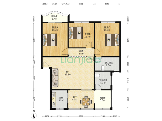 明华小区 3室2厅2卫 138平方