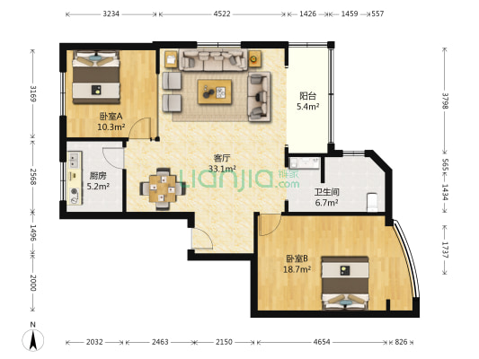 时代华庭 2室1厅1卫 107平方