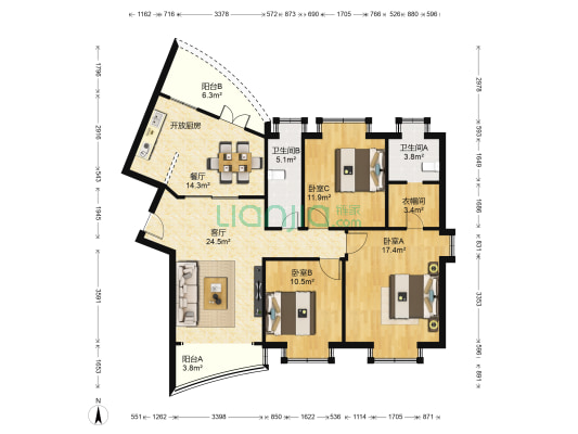 鸿发苑 3室2厅2卫 136平方