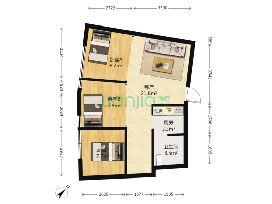 迎宾花园 3室1厅1卫 80平方