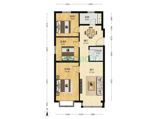 鸿博家园一区 3室2厅1卫 100平方