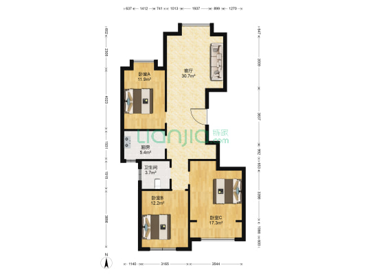 尚郡小区 3室1厅1卫 111平方