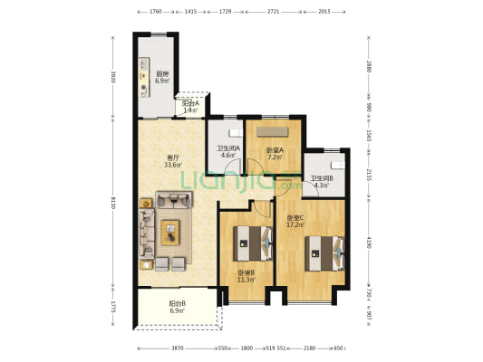 恒大观澜庭 3室1厅2卫 122平方