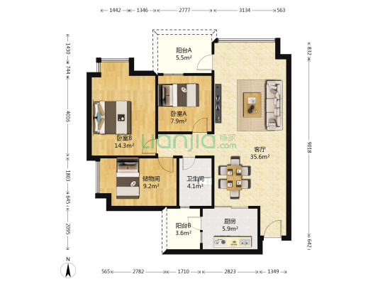 汇豪新天地 2室1厅1卫 94平方