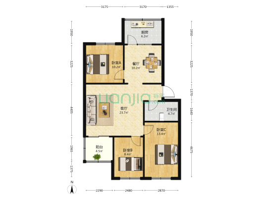 地铁苑东院 3室2厅1卫 100平方