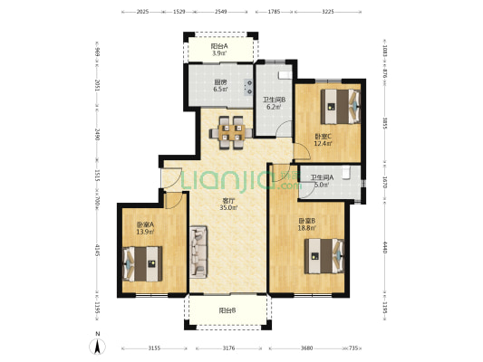 锦虹家园 3室1厅2卫 140平方