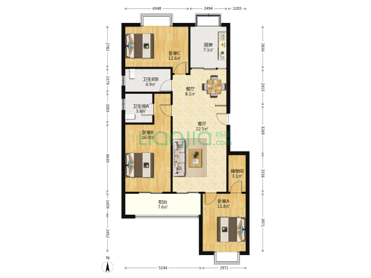 雙馨園 3室2厅2卫 124平方