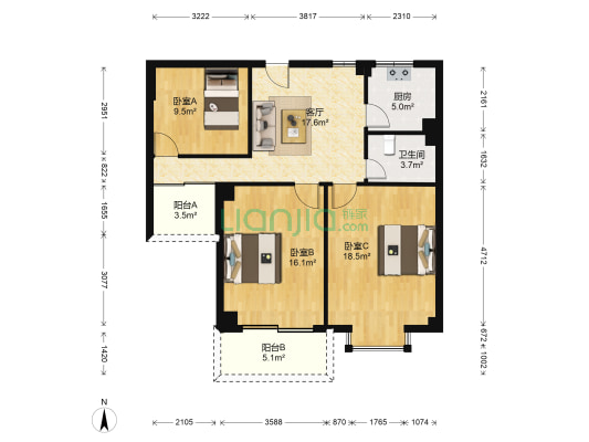 航标锦园二期 3室1厅1卫 107平方
