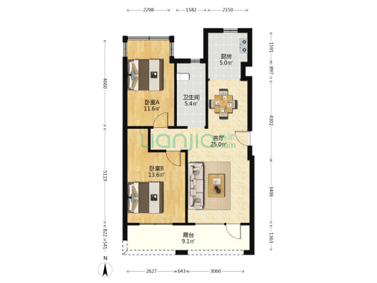 巴黎春田 2室1厅1卫 88平方