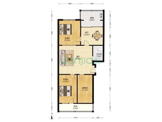 黄金公寓 2室2厅1卫 116平方