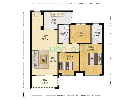 新鸿俊园 3室2厅2卫 85平方