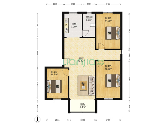 旺园小区 3室1厅1卫 110平方