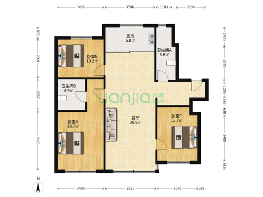 万科金域蓝湾 3室1厅2卫 126平方