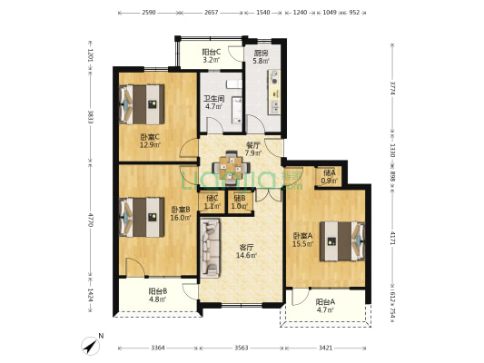 打虎山路118弄 3室2厅1卫 106平方
