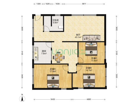 建设路二段91号 3室1厅1卫 131平方