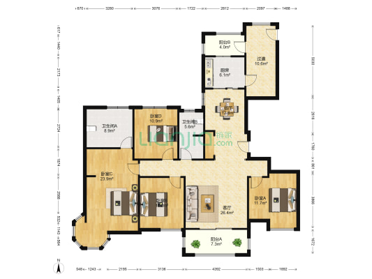 郑开橄榄城一期 4室2厅2卫 174平方