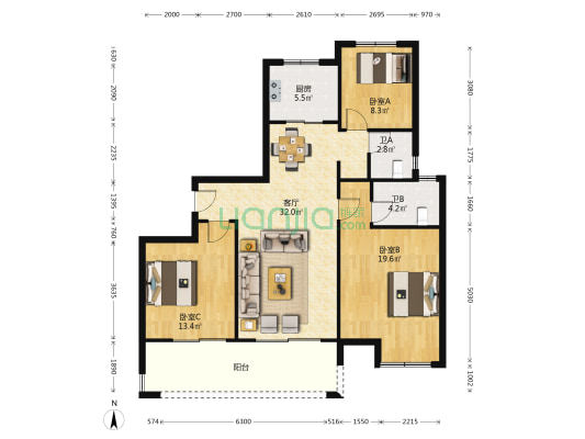 海丰家园 3室1厅2卫 121平方