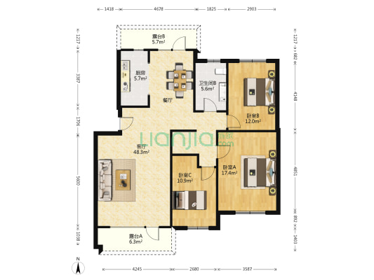 东港印象C区 3室1厅1卫 120平方