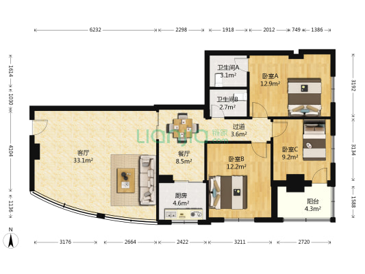 兴业中心 3室2厅2卫 131平方