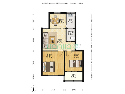 春雨小区 2室2厅1卫 63平方