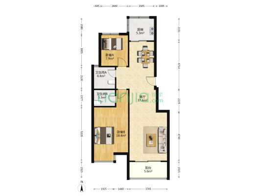 恒达丽都国际 2室1厅2卫 103平方
