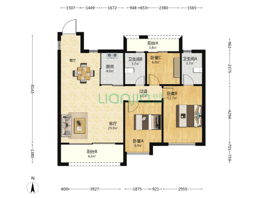 中海叁号院B区 3室1厅2卫 105平方