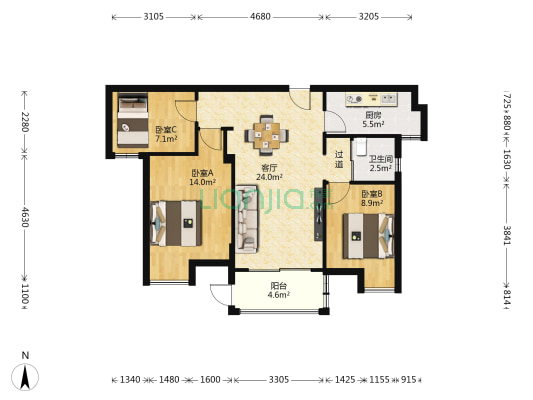 阳光100阿尔勒一期 3室1厅1卫 90平方