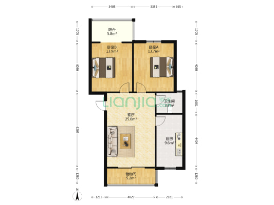 恒达相府六号院 2室1厅1卫 93平方
