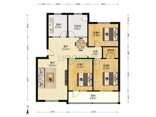 东华园 3室2厅1卫 120平方