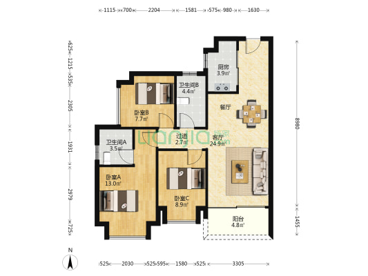 粤海·拾桂府（南区） 3室1厅2卫 90平方