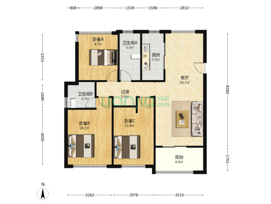 时代柏悦 3室1厅2卫 112平方