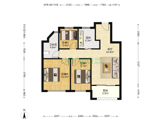 保利艾庐 3室1厅1卫 90平方
