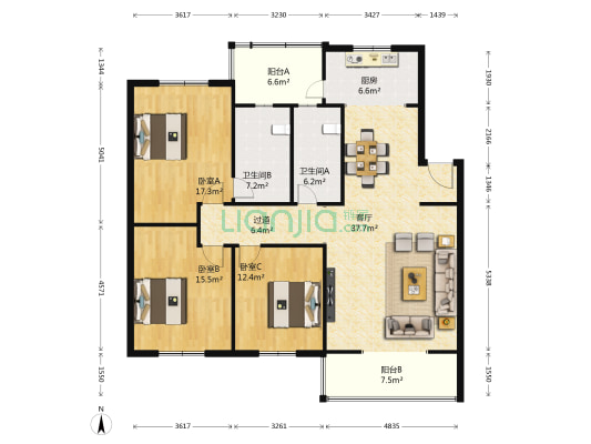 置信花园思华苑置信路 3室1厅2卫 129平方