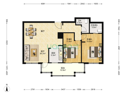 巴黎花园 2室1厅2卫 111平方