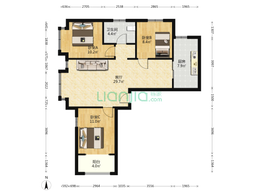 鸿坤精装修全明三居室，满五年唯一-户型图