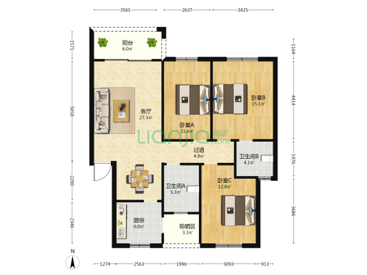 和源小区 3室1厅2卫 110平方