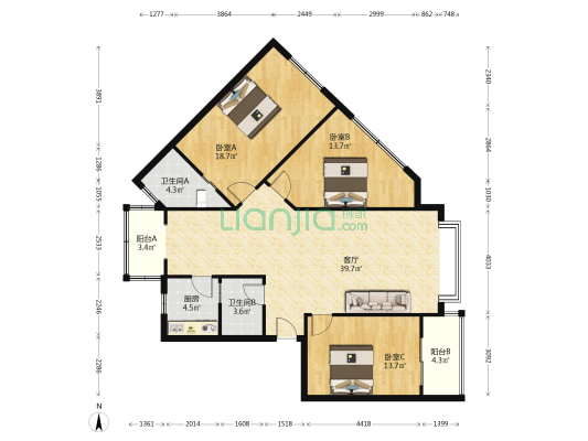 江南苑 3室1厅2卫 127平方
