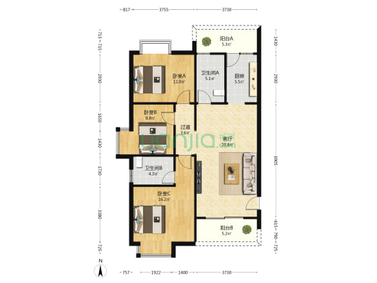 尚源大厦 3室1厅2卫 111平方