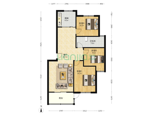 九洲佳园 3室1厅1卫 107平方
