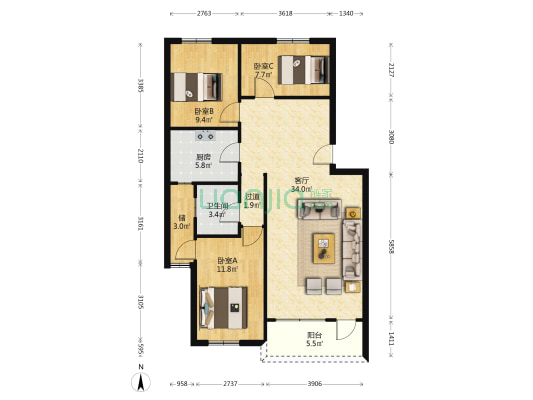 富贵花园 3室1厅1卫 95平方