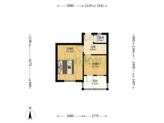 交通医院宿舍 2室0厅1卫 37平方