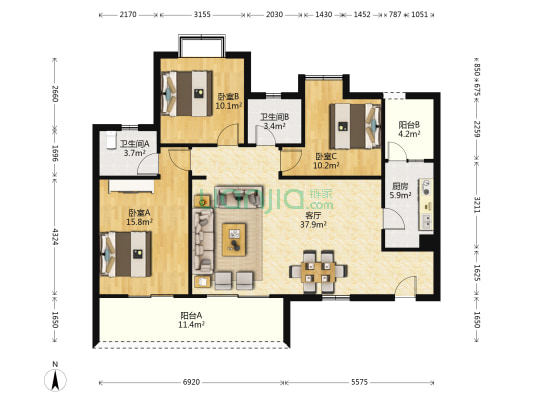 学府星川 3室1厅2卫 121平方