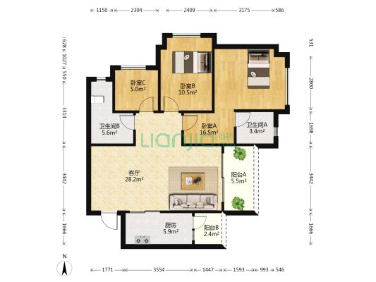 岭南天地怡廷 3室1厅2卫 98平方