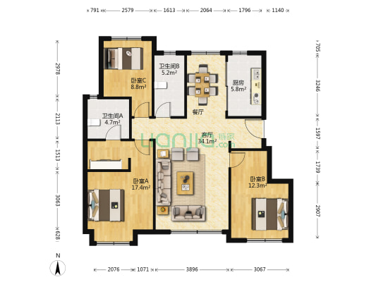 华润置地大连湾国际社区B3区 3室1厅2卫 116平方