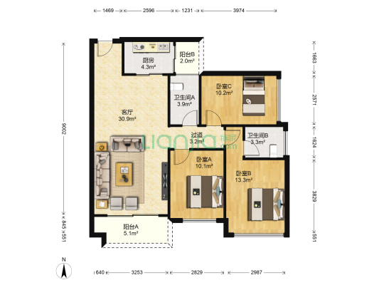 恒地悦山湖花园 3室1厅2卫 89平方