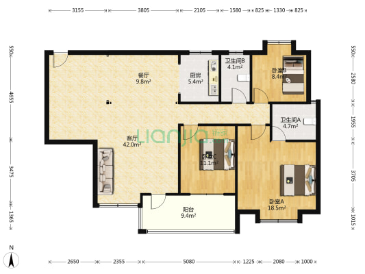龍泉花苑 3室2厅2卫 121平方