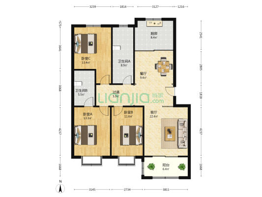 滨泰洙河花园 3室2厅2卫 132平方